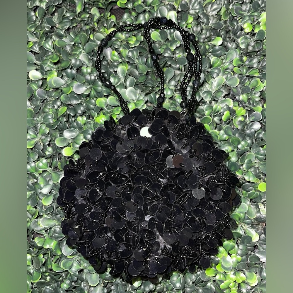 Vintage 90s Round Mini Beaded Sequin Handbag Purse Black